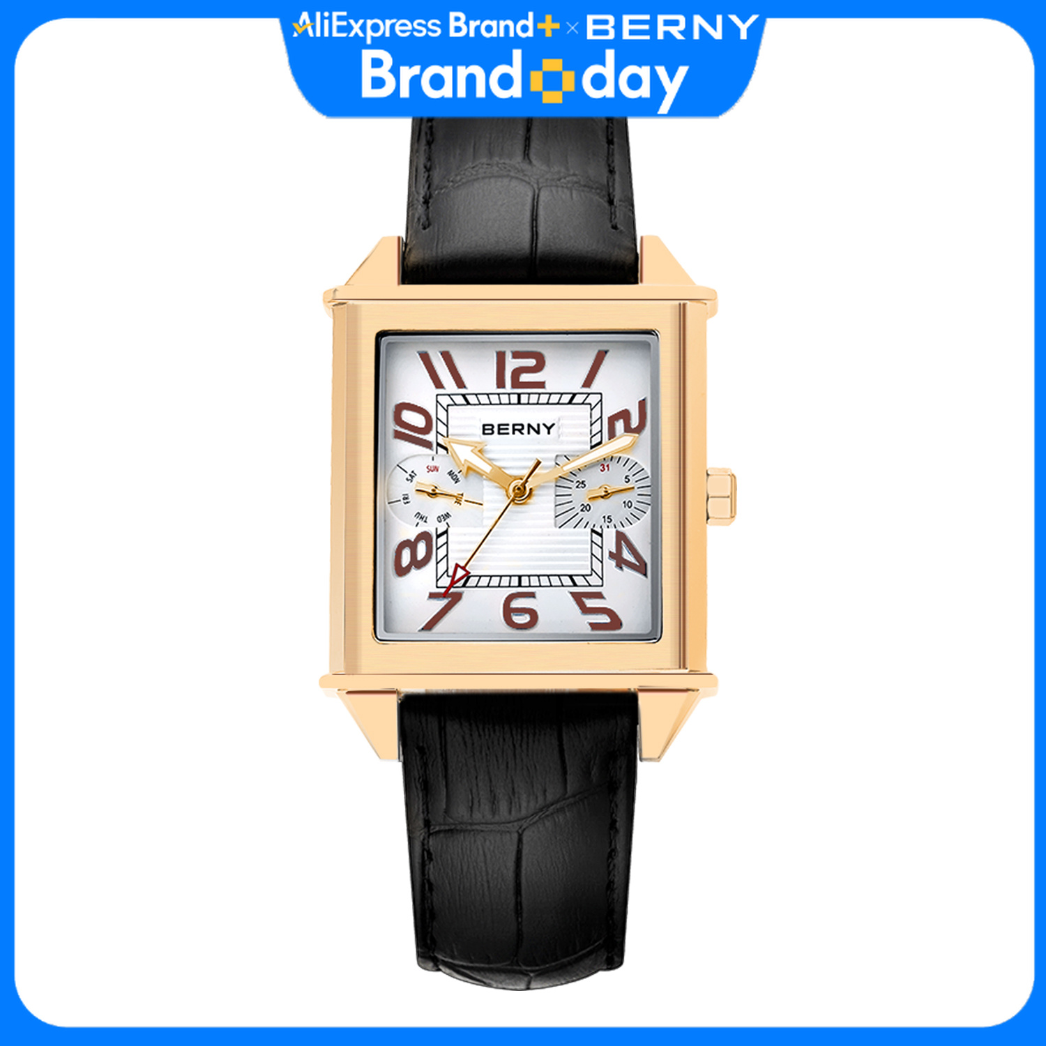Cartier Watch Tank - BERNY 6P25 クォーツ時計男性用ゴールデンニュースクエア腕時計ヴィンテージデイトップレザー 3ATM 防水高級時計男性